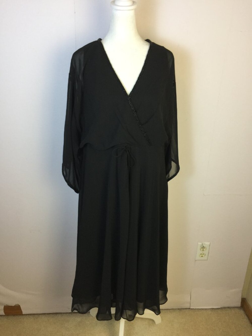 Eva Blue Midi Dress Size 16 Womans Plus Black Chiffon V-neck Beaded Sheer Sleeve